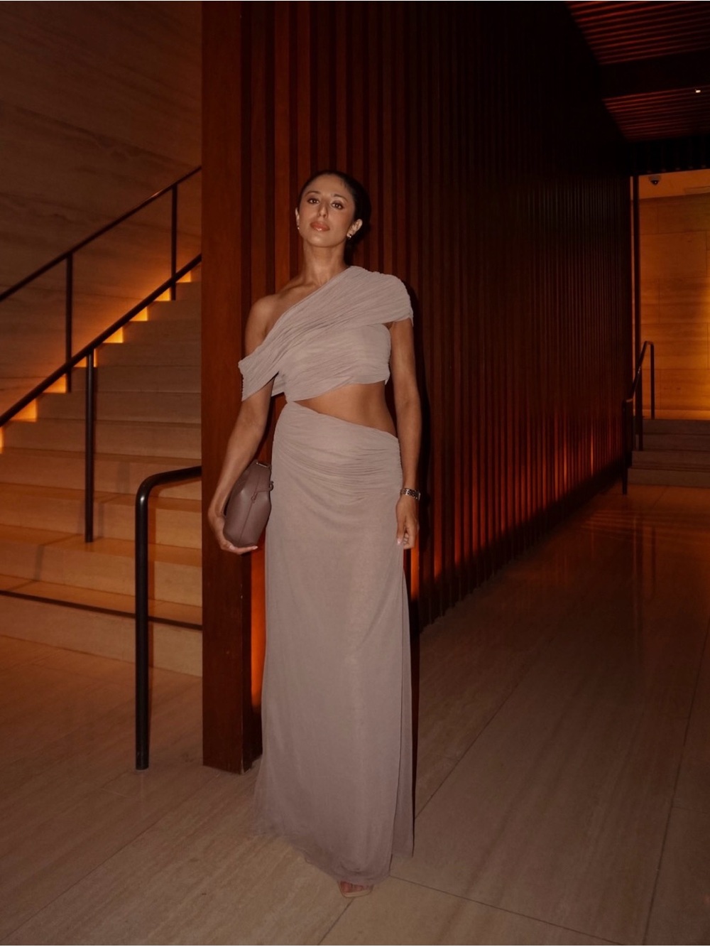 LPA Taupe One-Shoulder Cutout Maxi dress